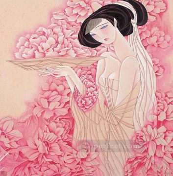Feng cj Chinese girl pink Oil Paintings